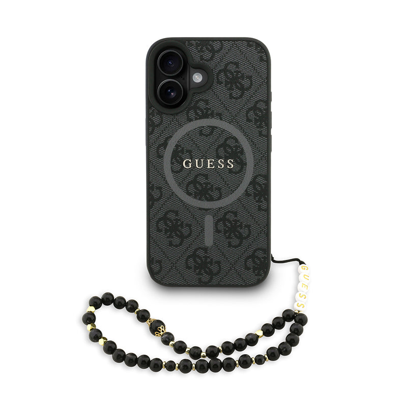 Apple iPhone 16 Kılıf Guess M-safe Şarj Özellikli Bilek Askı İpli Yazı Logolu Kapak Siyah
