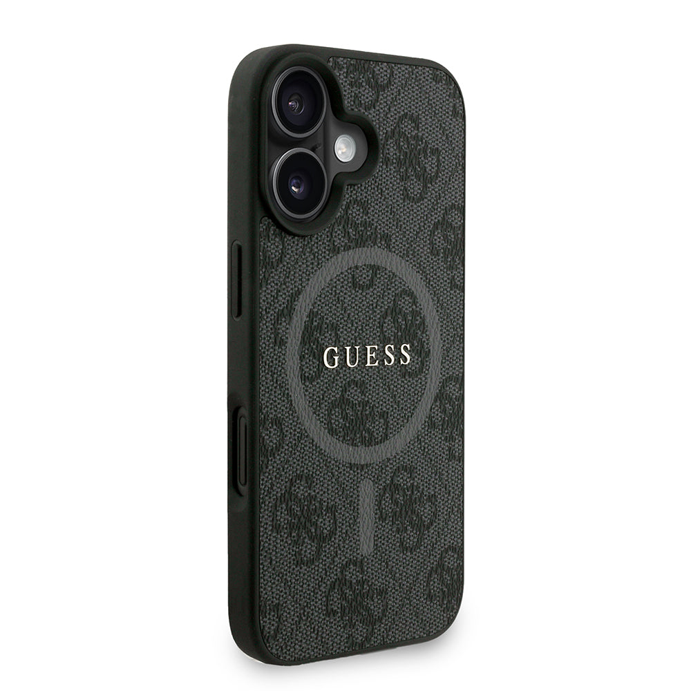 Apple iPhone 16 Kılıf Guess M-safe Şarj Özellikli Bilek Askı İpli Yazı Logolu Kapak Siyah
