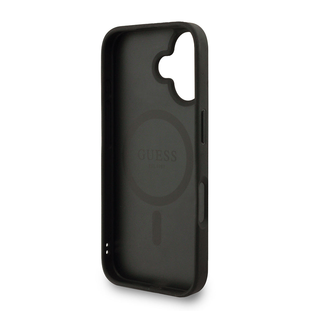 Apple iPhone 16 Kılıf Guess M-safe Şarj Özellikli Bilek Askı İpli Yazı Logolu Kapak Siyah