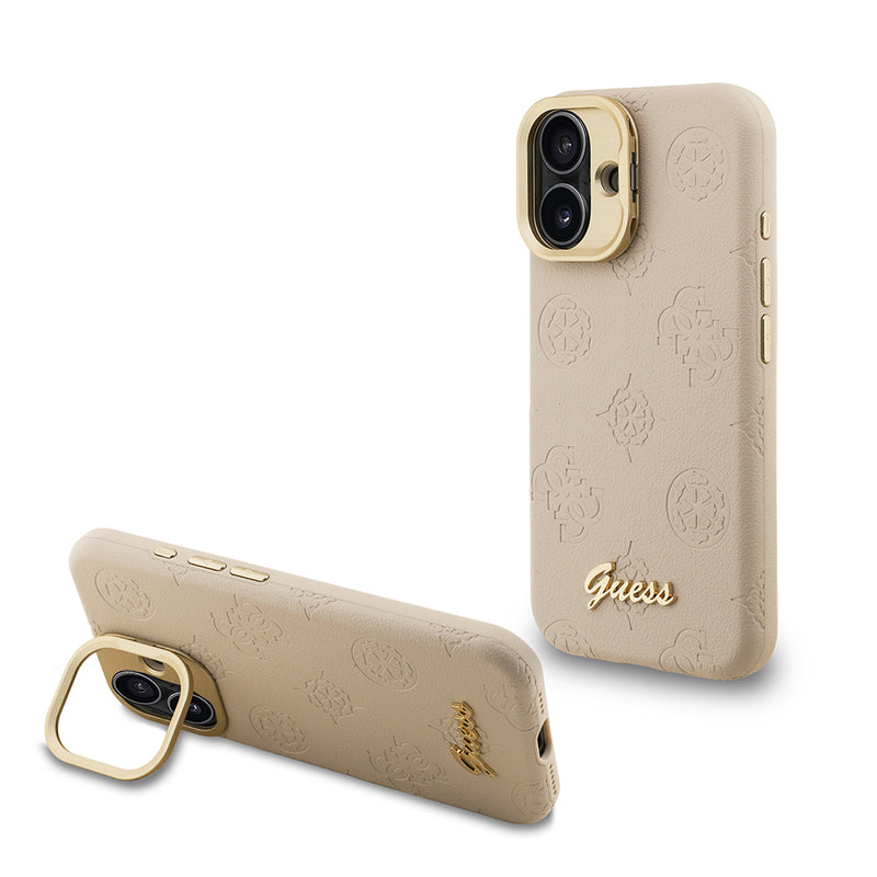 Apple iPhone 16 Kılıf Guess M-safe Şarj Özellikli Kamera Standlı Peony Kapak PU Deri Bej