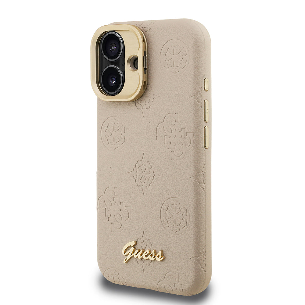 Apple iPhone 16 Kılıf Guess M-safe Şarj Özellikli Kamera Standlı Peony Kapak PU Deri Bej