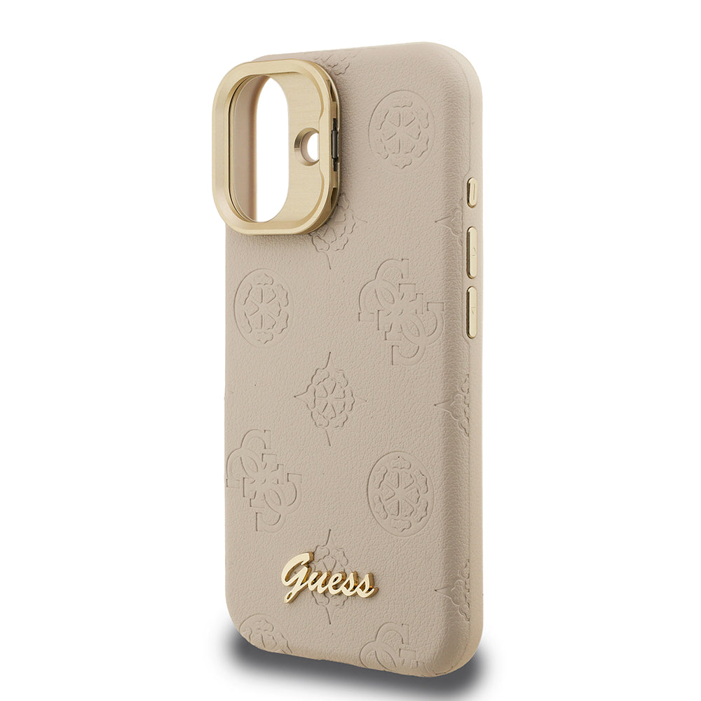 Apple iPhone 16 Kılıf Guess M-safe Şarj Özellikli Kamera Standlı Peony Kapak PU Deri Bej