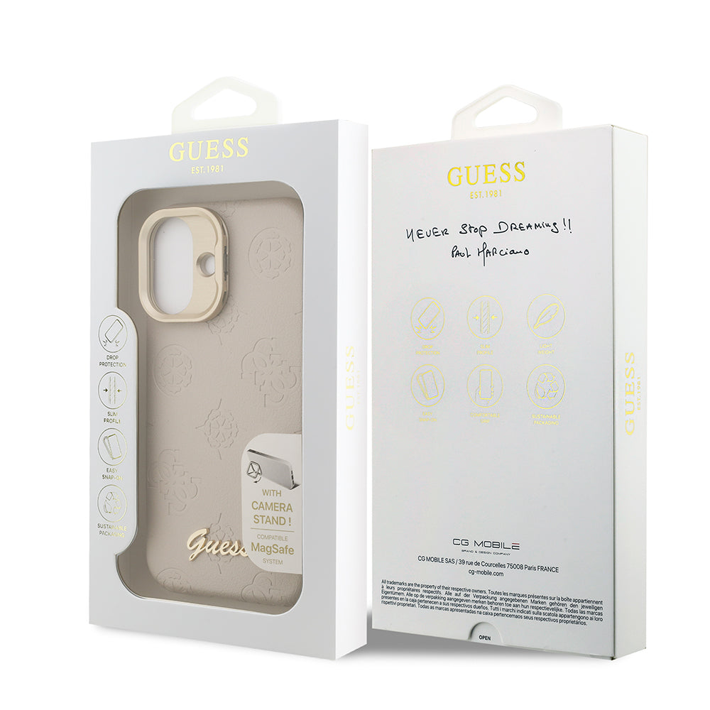 Apple iPhone 16 Kılıf Guess M-safe Şarj Özellikli Kamera Standlı Peony Kapak PU Deri Bej