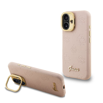 Apple iPhone 16 Kılıf Guess M-safe Şarj Özellikli Kamera Standlı Peony Kapak PU Deri Pembe