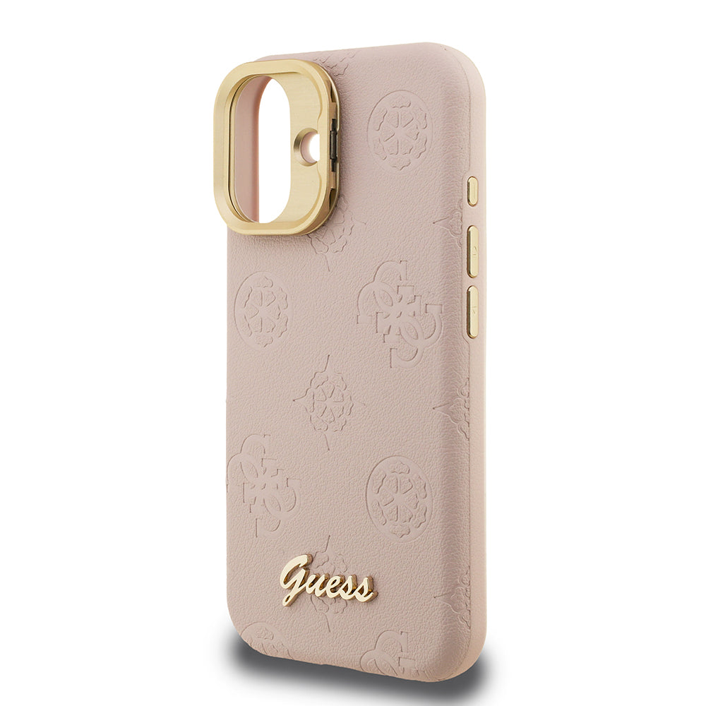 Apple iPhone 16 Kılıf Guess M-safe Şarj Özellikli Kamera Standlı Peony Kapak PU Deri Pembe