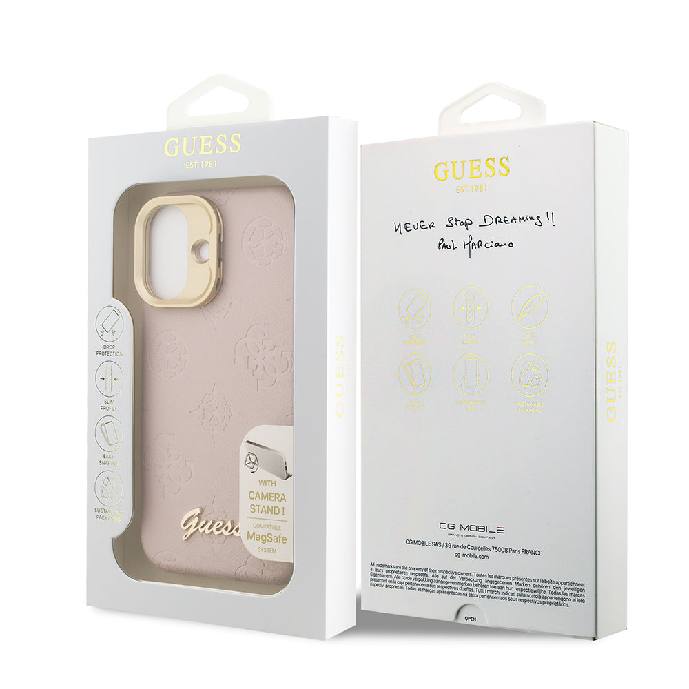 Apple iPhone 16 Kılıf Guess M-safe Şarj Özellikli Kamera Standlı Peony Kapak PU Deri Pembe