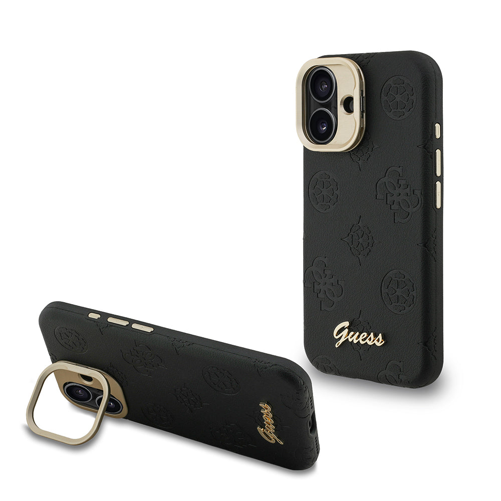 Apple iPhone 16 Kılıf Guess M-safe Şarj Özellikli Kamera Standlı Peony Kapak PU Deri Siyah