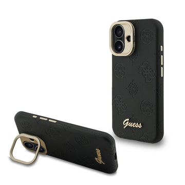 Apple iPhone 16 Kılıf Guess M-safe Şarj Özellikli Kamera Standlı Peony Kapak PU Deri Siyah