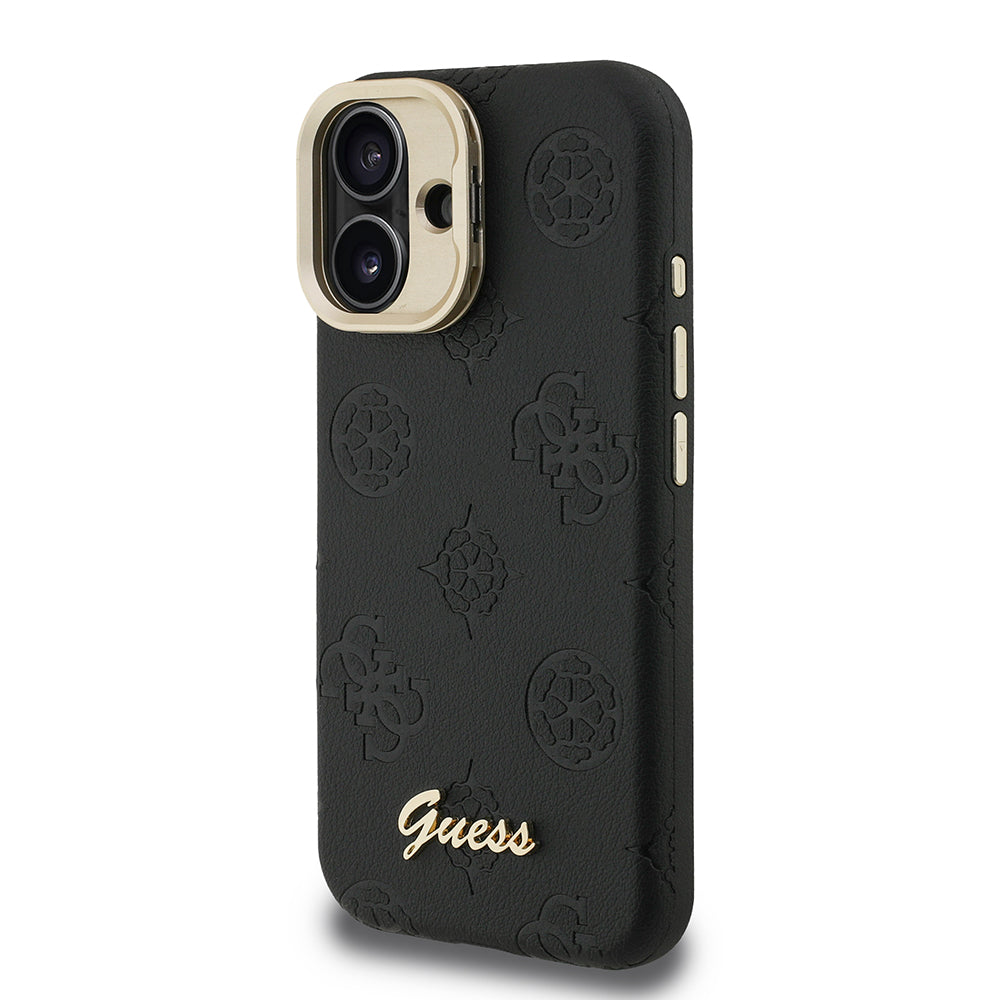 Apple iPhone 16 Kılıf Guess M-safe Şarj Özellikli Kamera Standlı Peony Kapak PU Deri Siyah