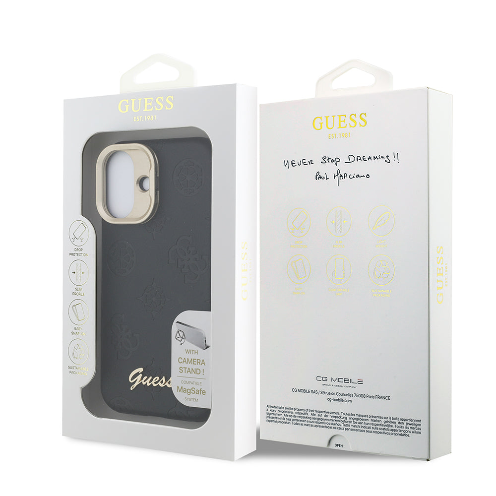 Apple iPhone 16 Kılıf Guess M-safe Şarj Özellikli Kamera Standlı Peony Kapak PU Deri Siyah