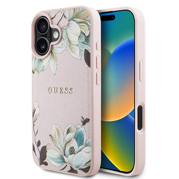 Apple iPhone 16 Kılıf Guess Magsafe Şarj Özellikli Çiçek Tasarımlı Metal Yazı Logolu Kapak Pembe