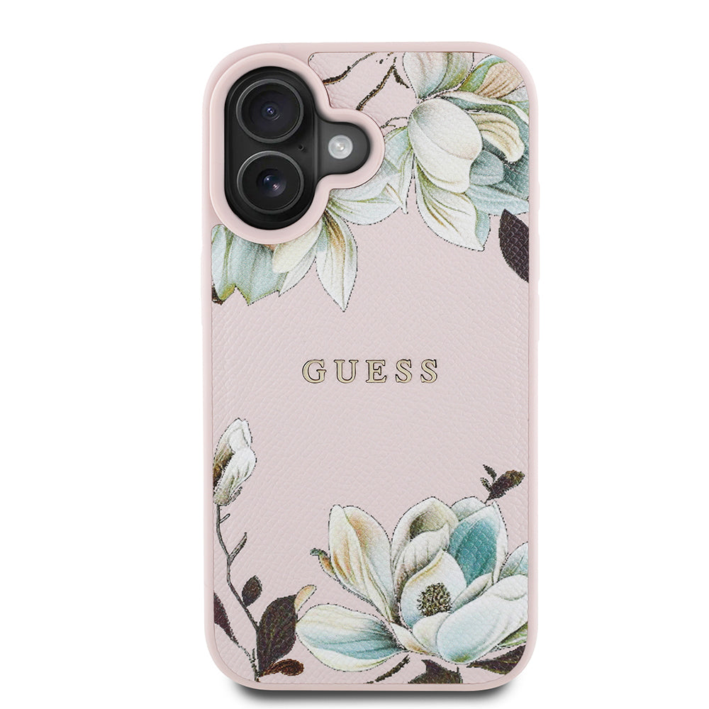 Apple iPhone 16 Kılıf Guess Magsafe Şarj Özellikli Çiçek Tasarımlı Metal Yazı Logolu Kapak Pembe
