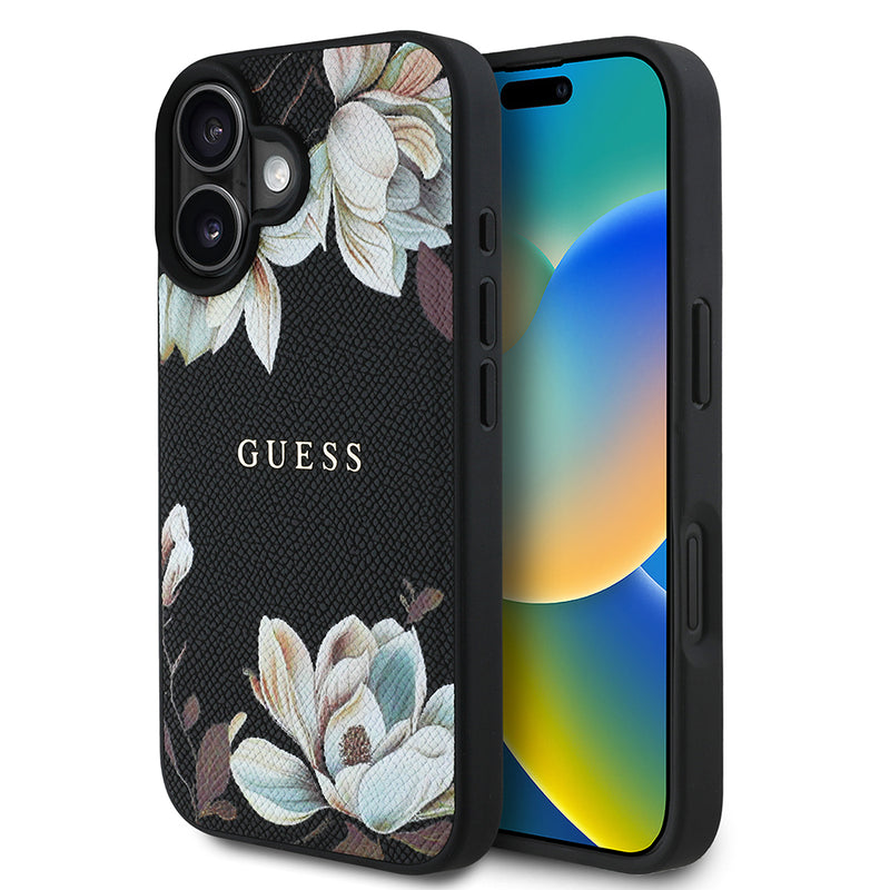 Apple iPhone 16 Kılıf Guess Magsafe Şarj Özellikli Çiçek Tasarımlı Metal Yazı Logolu Kapak Siyah
