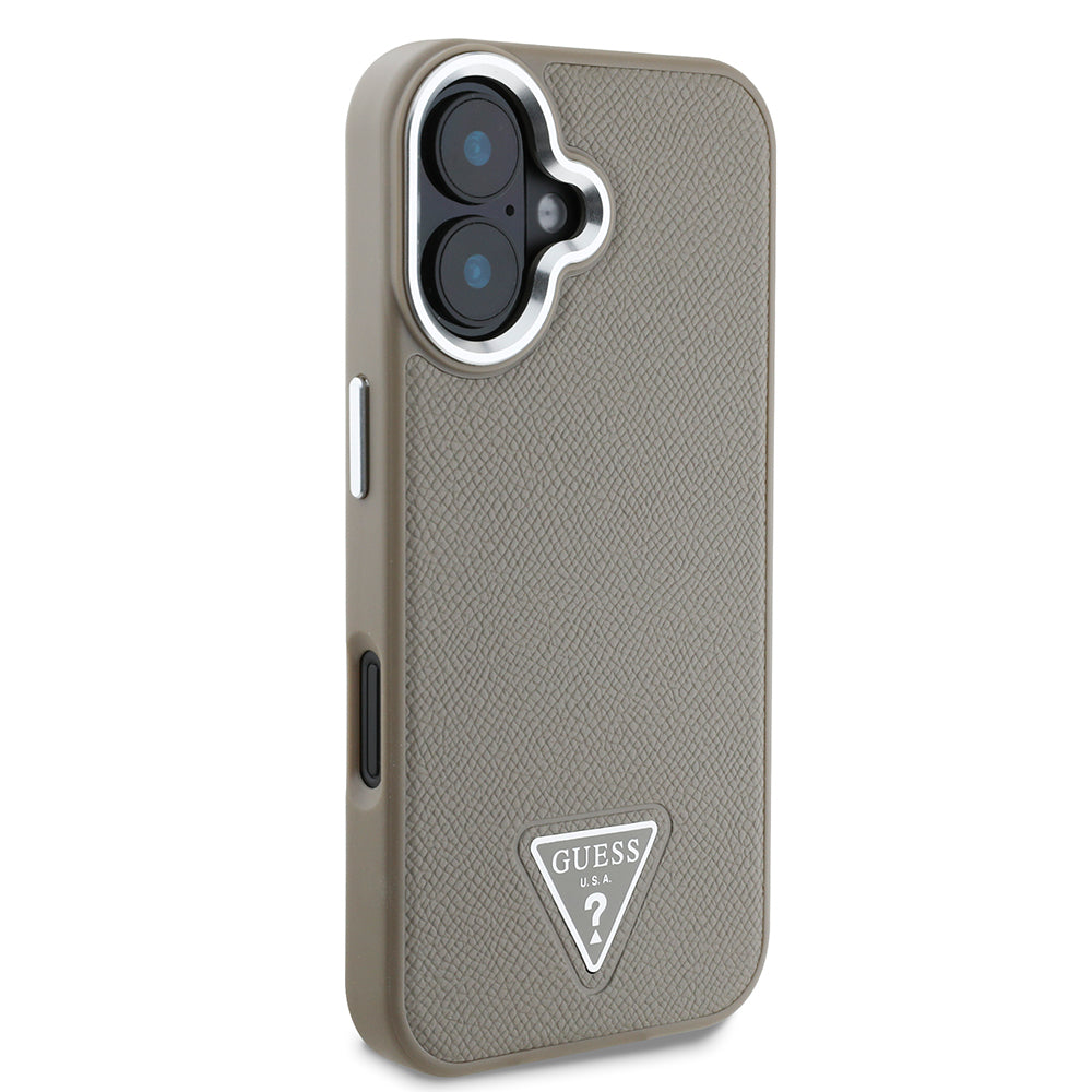 Apple iPhone 16 Kılıf Guess Magsafe Şarj Özellikli Grained Triangle Kapak Kahverengi