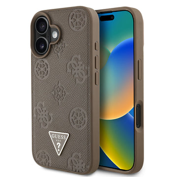 Apple iPhone 16 Kılıf Guess Magsafe Şarj Özellikli Üçgen Logolu PU Deri Peony Kapak Kahverengi