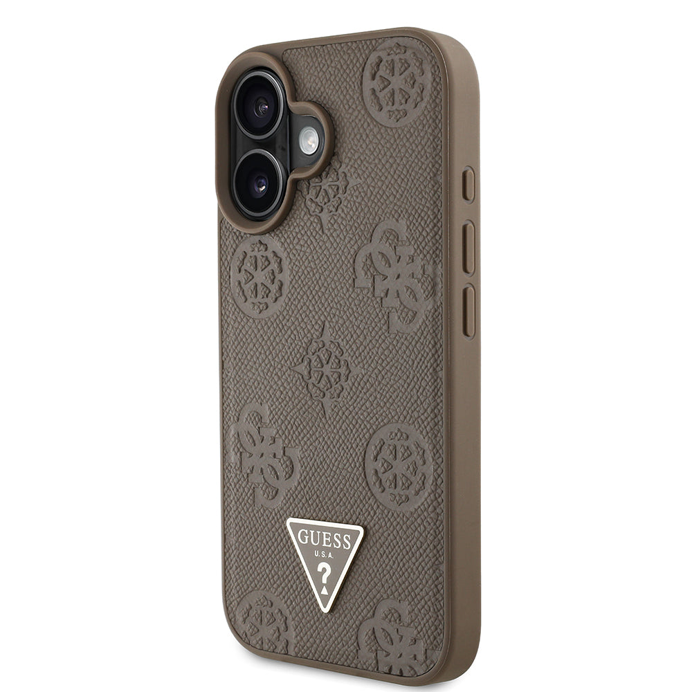 Apple iPhone 16 Kılıf Guess Magsafe Şarj Özellikli Üçgen Logolu PU Deri Peony Kapak Kahverengi
