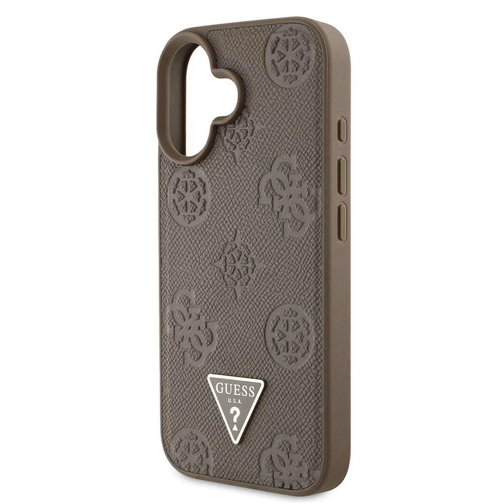 Apple iPhone 16 Kılıf Guess Magsafe Şarj Özellikli Üçgen Logolu PU Deri Peony Kapak Kahverengi