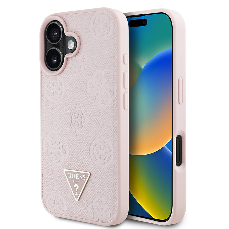 Apple iPhone 16 Kılıf Guess Magsafe Şarj Özellikli Üçgen Logolu PU Deri Peony Kapak Pembe