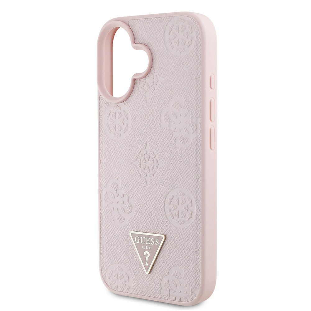 Apple iPhone 16 Kılıf Guess Magsafe Şarj Özellikli Üçgen Logolu PU Deri Peony Kapak Pembe