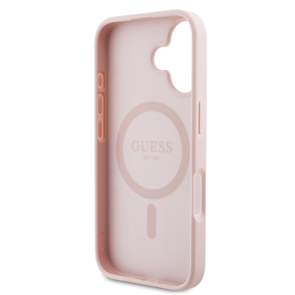 Apple iPhone 16 Kılıf Guess Magsafe Şarj Özellikli Üçgen Logolu PU Deri Peony Kapak Pembe