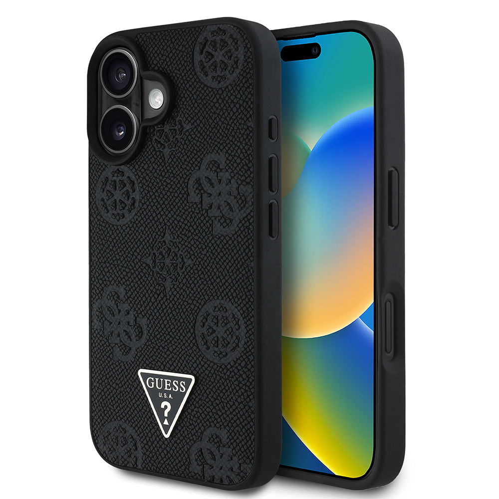 Apple iPhone 16 Kılıf Guess Magsafe Şarj Özellikli Üçgen Logolu PU Deri Peony Kapak Siyah