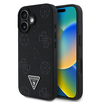 Apple iPhone 16 Kılıf Guess Magsafe Şarj Özellikli Üçgen Logolu PU Deri Peony Kapak Siyah