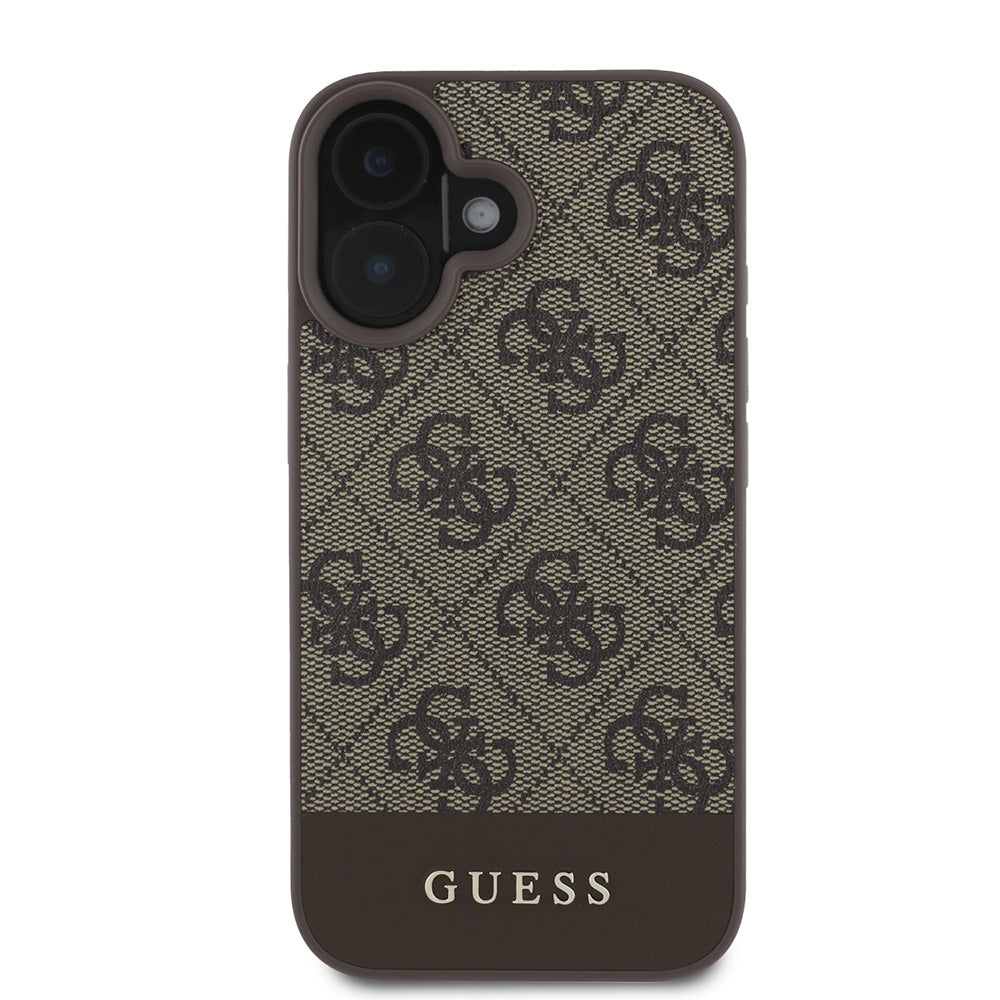 Apple iPhone 16 Kılıf Guess PU Deri Şerit Logo Dizaynlı Kapak Kahverengi