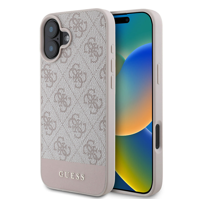 Apple iPhone 16 Kılıf Guess PU Deri Şerit Logo Dizaynlı Kapak Pembe