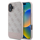 Apple iPhone 16 Kılıf Guess PU Deri Şerit Logo Dizaynlı Kapak Pembe