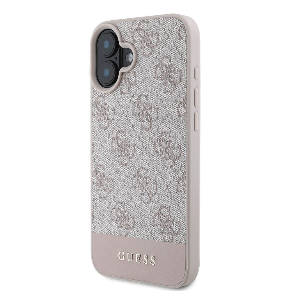 Apple iPhone 16 Kılıf Guess PU Deri Şerit Logo Dizaynlı Kapak Pembe