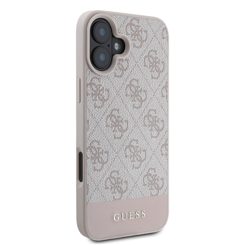 Apple iPhone 16 Kılıf Guess PU Deri Şerit Logo Dizaynlı Kapak Pembe