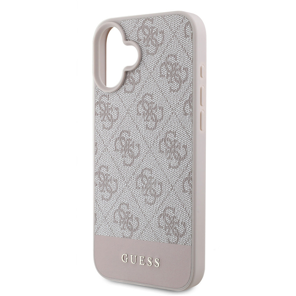 Apple iPhone 16 Kılıf Guess PU Deri Şerit Logo Dizaynlı Kapak Pembe