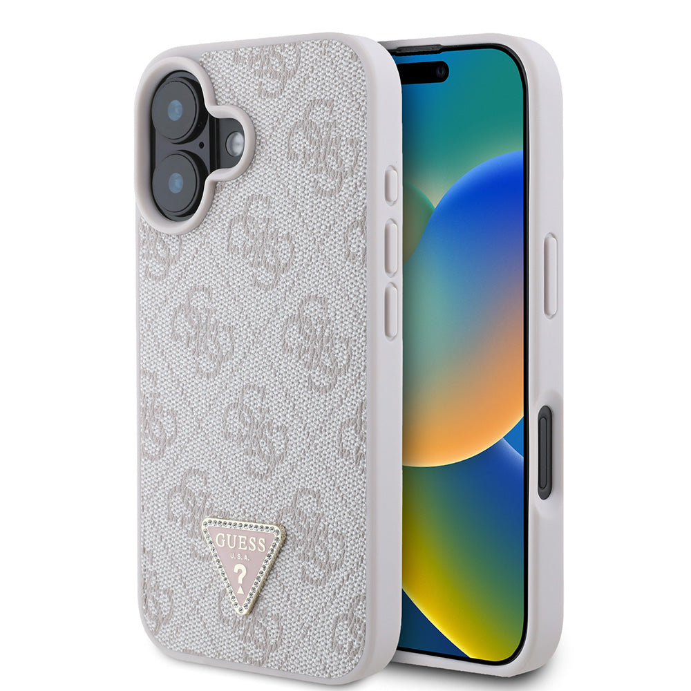 Apple iPhone 16 Kılıf Guess PU Deri Taşlı Üçgen Logo 4G Desenli Strass Kapak Pembe
