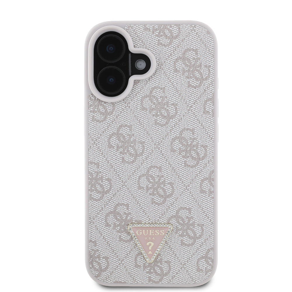 Apple iPhone 16 Kılıf Guess PU Deri Taşlı Üçgen Logo 4G Desenli Strass Kapak Pembe