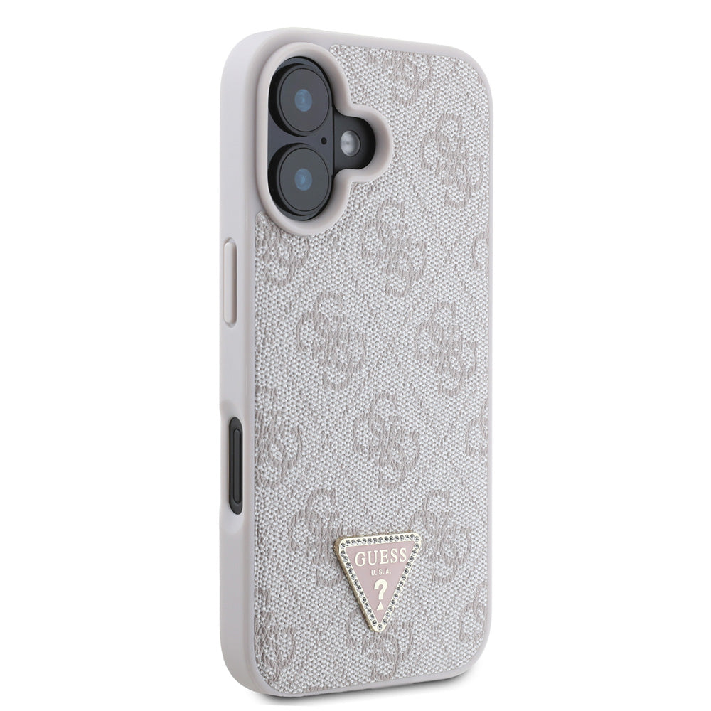 Apple iPhone 16 Kılıf Guess PU Deri Taşlı Üçgen Logo 4G Desenli Strass Kapak Pembe