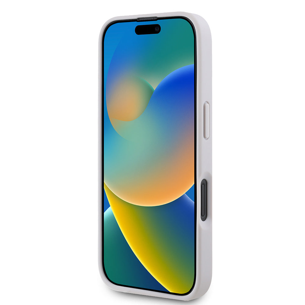 Apple iPhone 16 Kılıf Guess PU Deri Taşlı Üçgen Logo 4G Desenli Strass Kapak Pembe