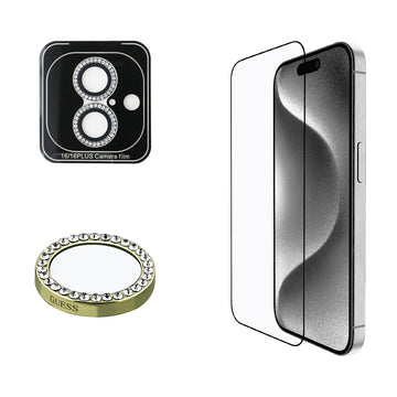 Apple iPhone 16 Plus Guess 2in1 Aksesuar Seti Ekran ve Rhinestone Taşlı Lens Koruyucu Gold