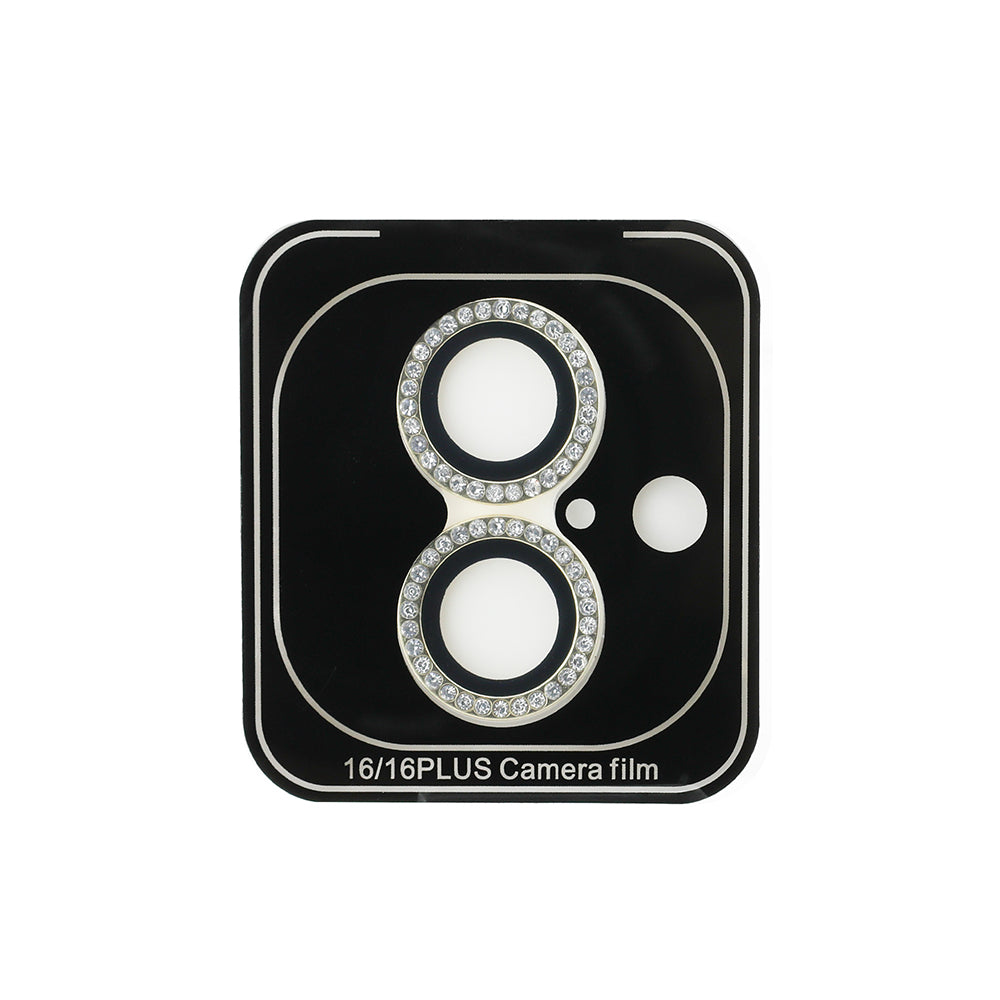 Apple iPhone 16 Plus Guess 2in1 Aksesuar Seti Ekran ve Rhinestone Taşlı Lens Koruyucu Gold