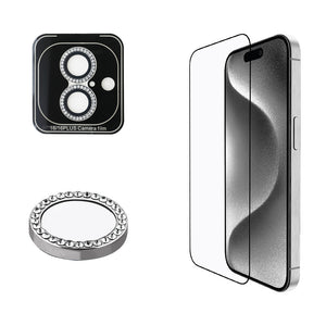 Apple iPhone 16 Plus Guess 2in1 Aksesuar Seti Ekran ve Rhinestone Taşlı Lens Koruyucu Gümüş