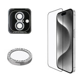 Apple iPhone 16 Plus Guess 2in1 Aksesuar Seti Ekran ve Rhinestone Taşlı Lens Koruyucu Gümüş