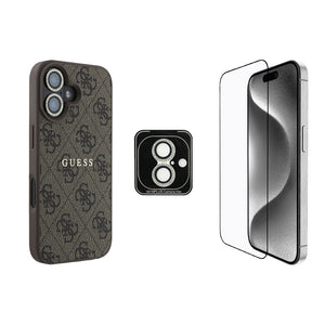 Apple iPhone 16 Guess Kılıf Ekran ve Lens Koruyuculu 3'lü Aksesuar Seti Kahverengi