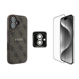 Apple iPhone 16 Guess Kılıf Ekran ve Lens Koruyuculu 3'lü Aksesuar Seti Kahverengi