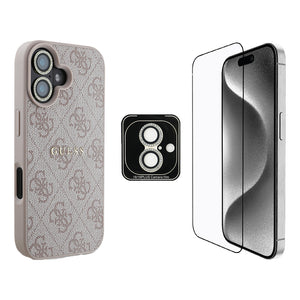 Apple iPhone 16 Guess Kılıf Ekran ve Lens Koruyuculu 3'lü Aksesuar Seti Pembe