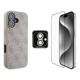 Apple iPhone 16 Plus Guess Kılıf Ekran ve Lens Koruyuculu 3'lü Aksesuar Seti Pembe