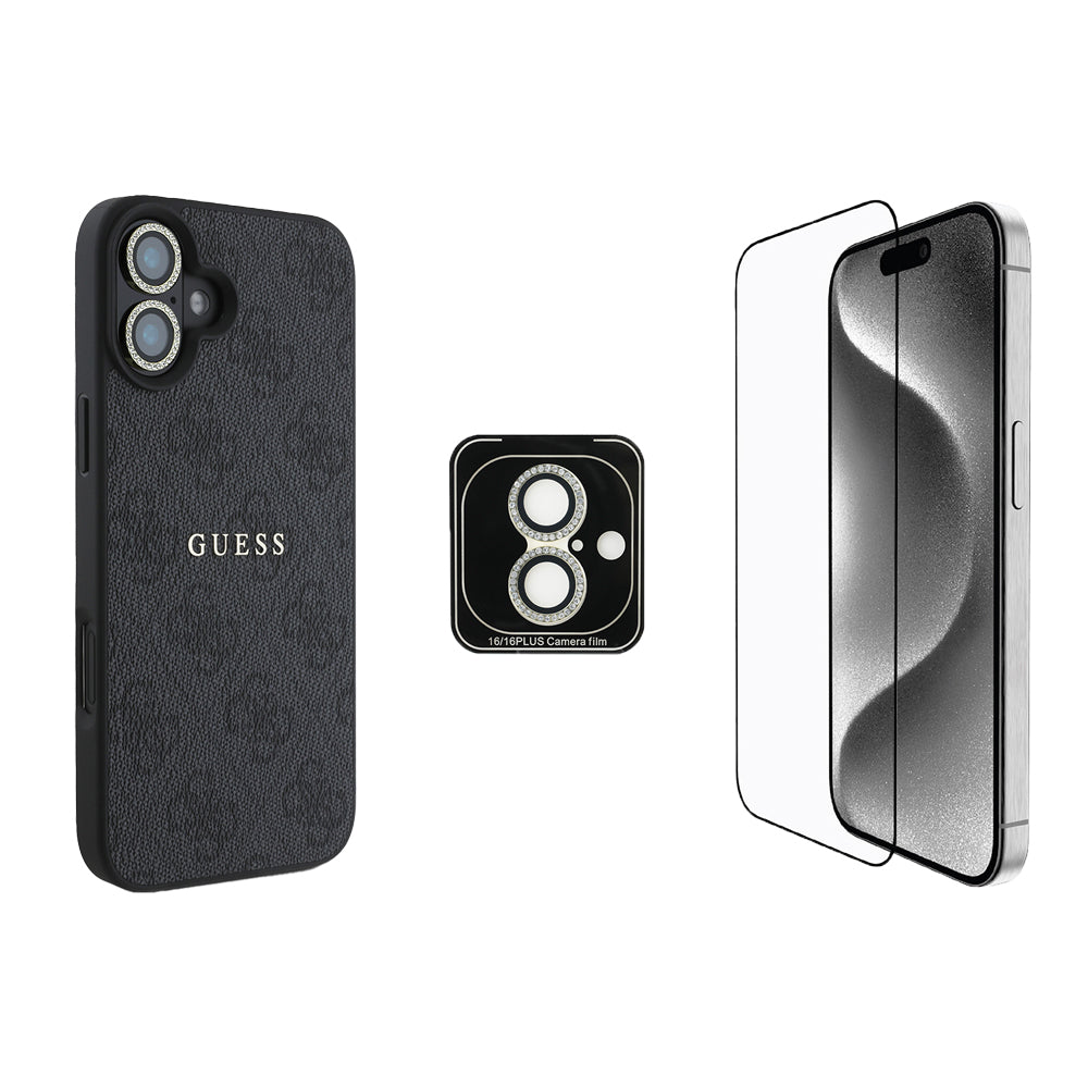 Apple iPhone 16 Guess Kılıf Ekran ve Lens Koruyuculu 3'lü Aksesuar Seti Siyah