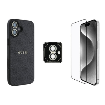 Apple iPhone 16 Guess Kılıf Ekran ve Lens Koruyuculu 3'lü Aksesuar Seti Siyah