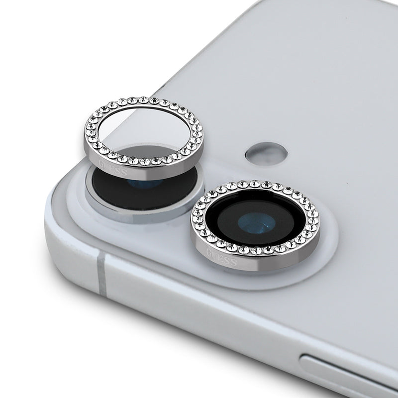 Apple iPhone 16 Guess Rhinestone Taşlı Kamera Lens Koruyucu Gümüş