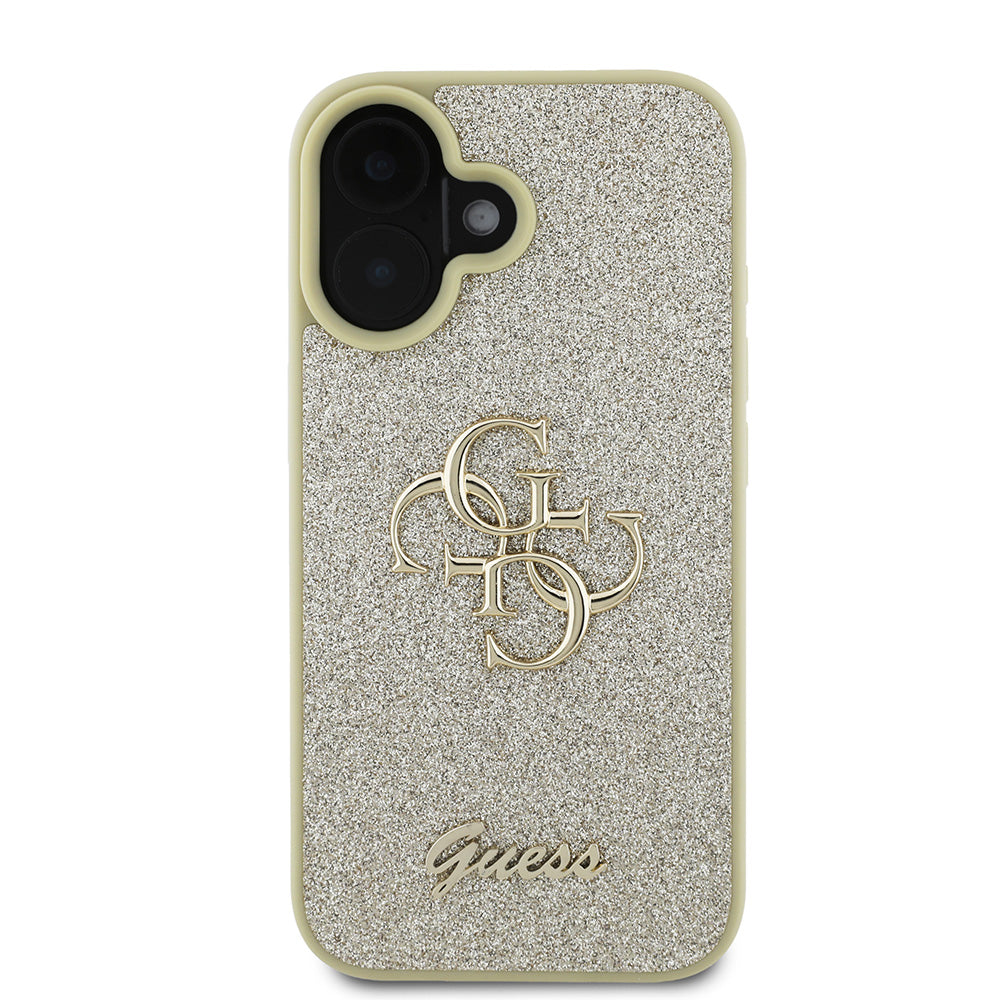 Apple iPhone 16 Plus Kılıf Guess 4G Büyük Metal Logolu Glitter Kapak Gold