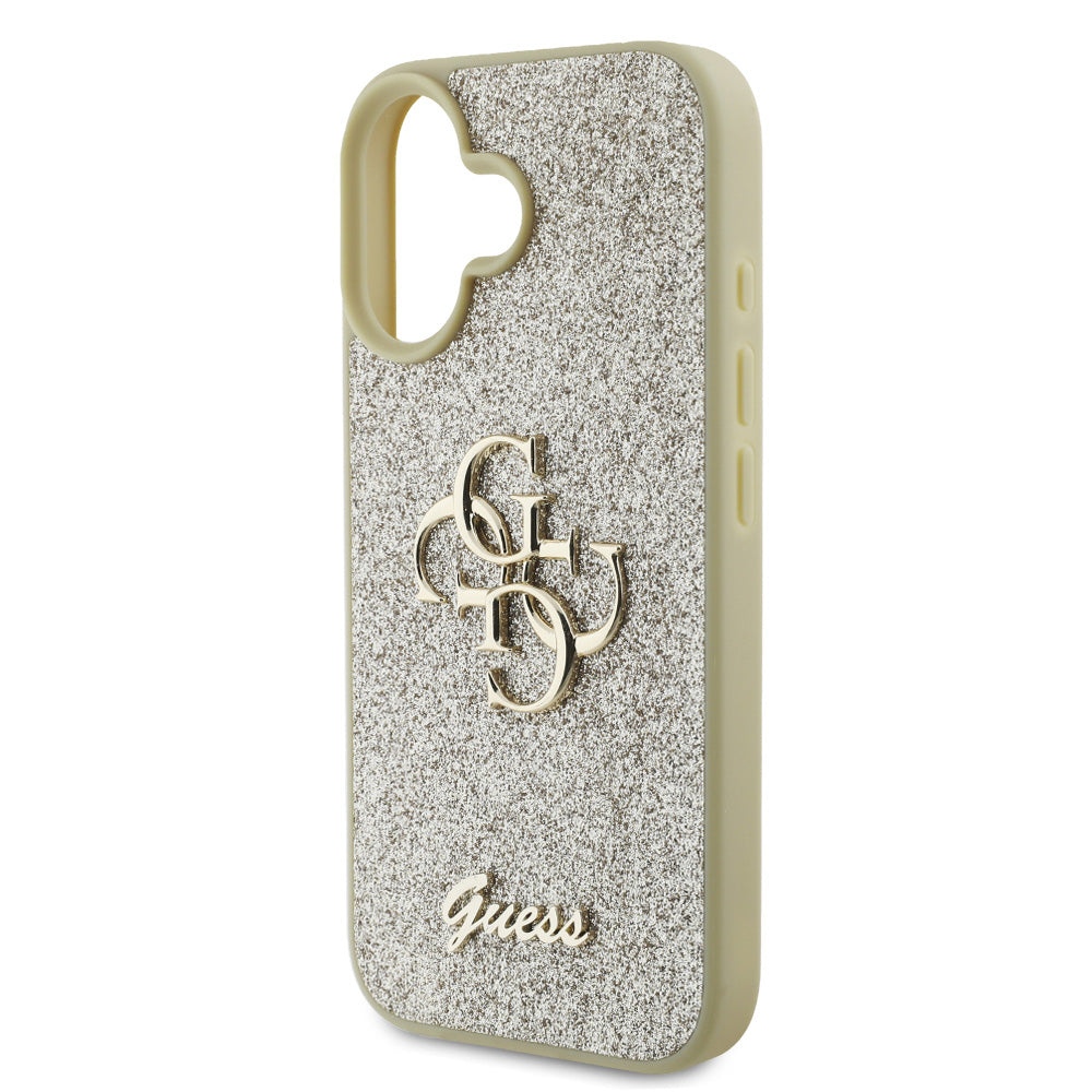 Apple iPhone 16 Plus Kılıf Guess 4G Büyük Metal Logolu Glitter Kapak Gold