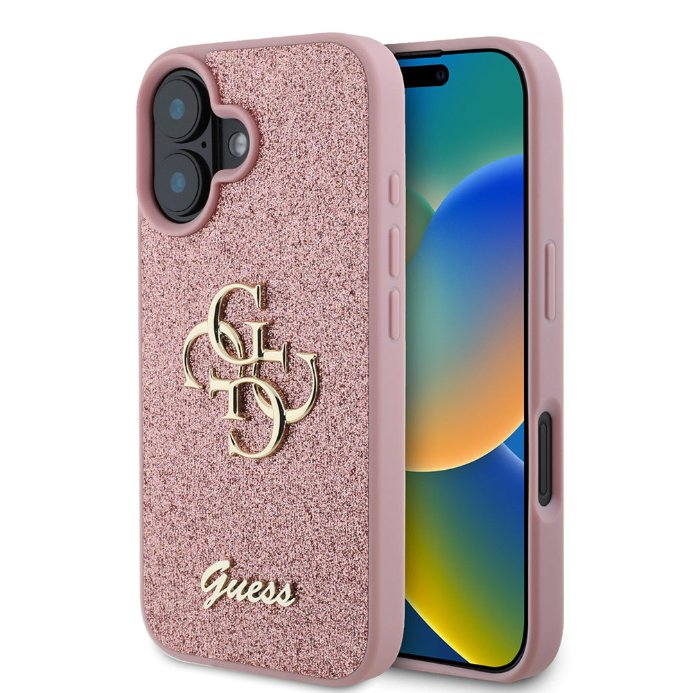 Apple iPhone 16 Plus Kılıf Guess 4G Büyük Metal Logolu Glitter Kapak Pembe